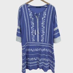 La Plage Periwinkle White Floral Embroidered Lace Bell Sleeve Mini Dress Small